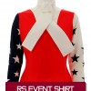 Red with navy and white sleeves with alternating stars